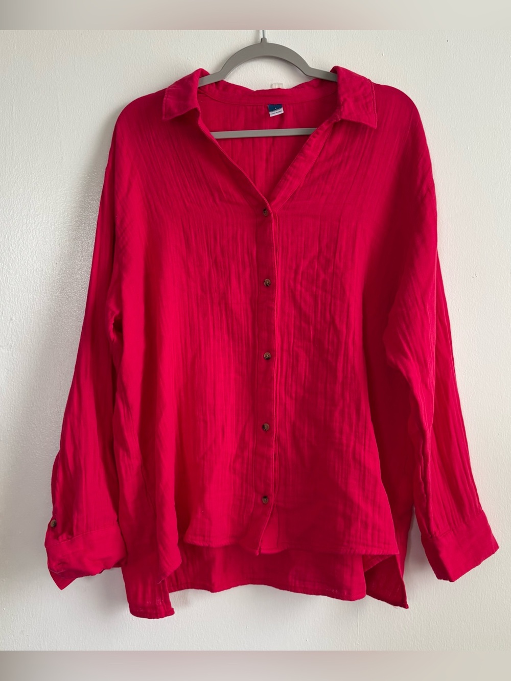 Old Navy Hot Pink Solid Woven 100% Cotton Button-Front Collared Shirt Women’s L